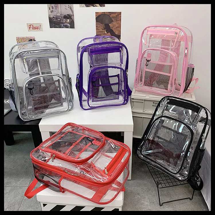 Clear PVC waterproof backpack with inner voile bag, shown in available colours.