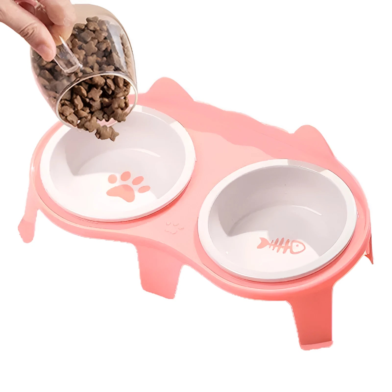 Ceramic cat bowl set with elevated tilted feeding stand in blue, pink, white, and yellow colour options