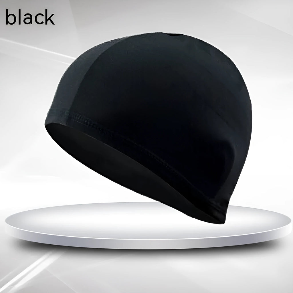 Unisex black single line polyester swim cap for adult swimming