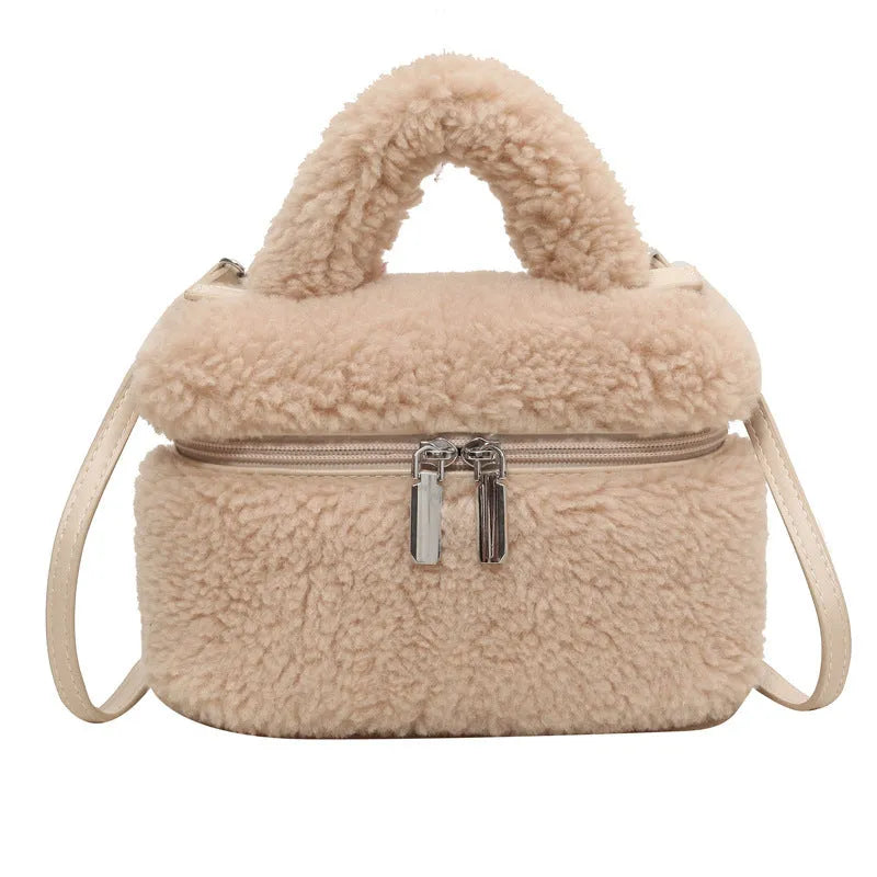Soft plush women's shoulder bag in cream white, box shape with visible stitching and zipper pocket, street-trend style