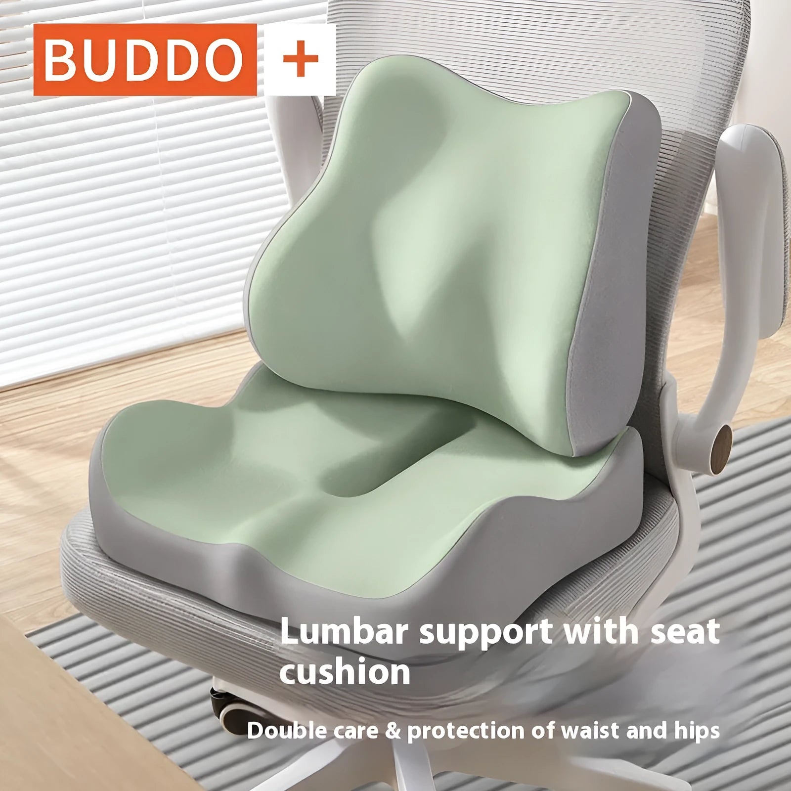 Memory foam seat cushion with lumbar support in blue grey colour combination for office chair use