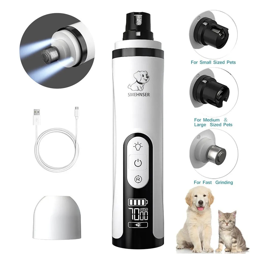 White handheld electric dog nail grinder with LCD display showing speed settings and dust collection compartment