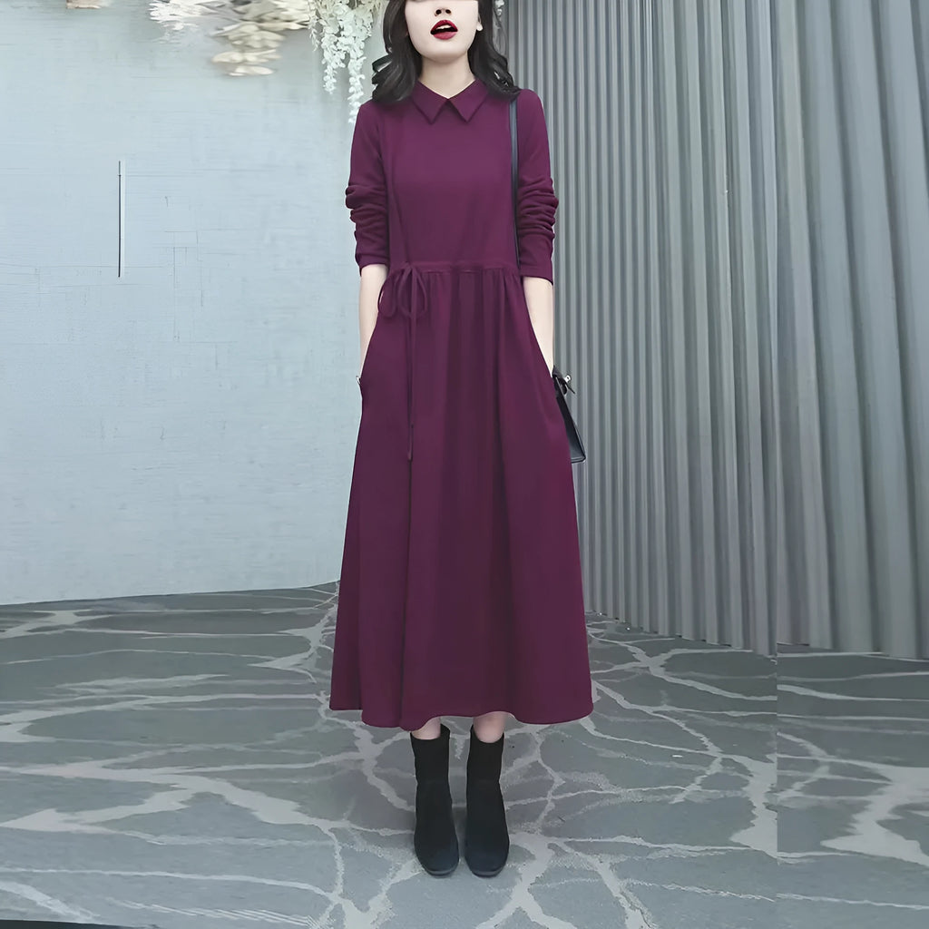 Women's purplish red long sleeve long skirt dress with extra long sleeves