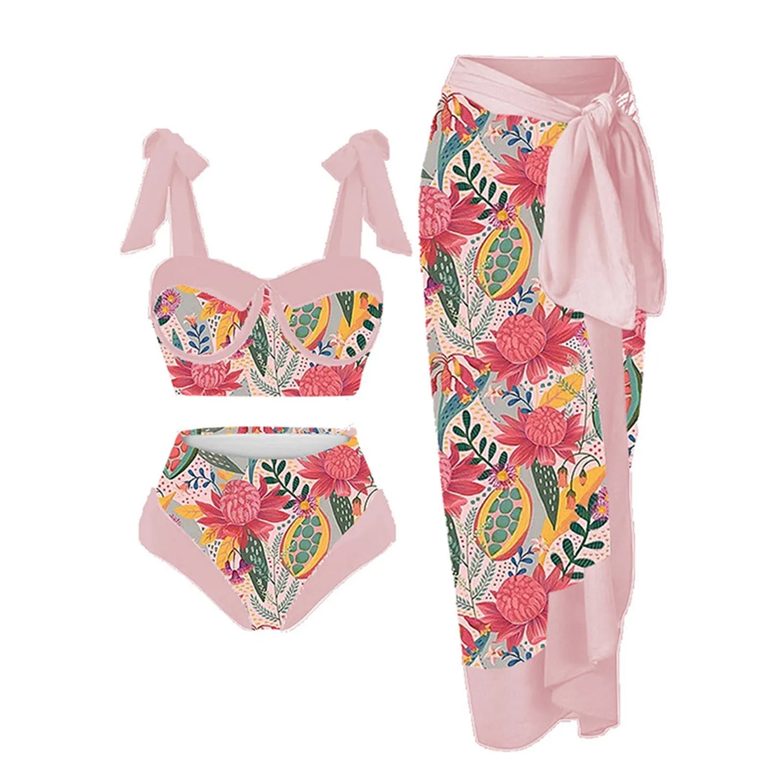 Women's printed split swimsuit three-piece set showing skirt, bra and panties in polyester fabric