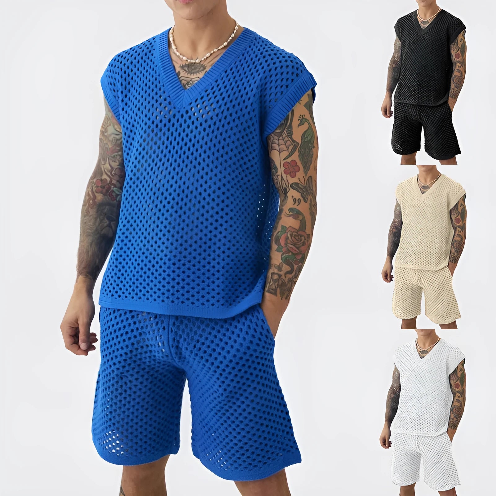 Men's blue V-neck sleeveless vest with matching shorts sports suit set