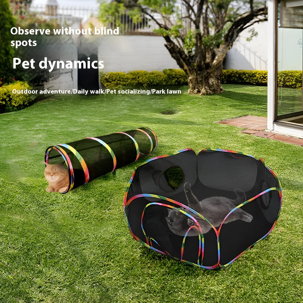 Foldable mesh cat roll cage pet toy shown in hexagonal, tee, tent, long straight and square model designs.