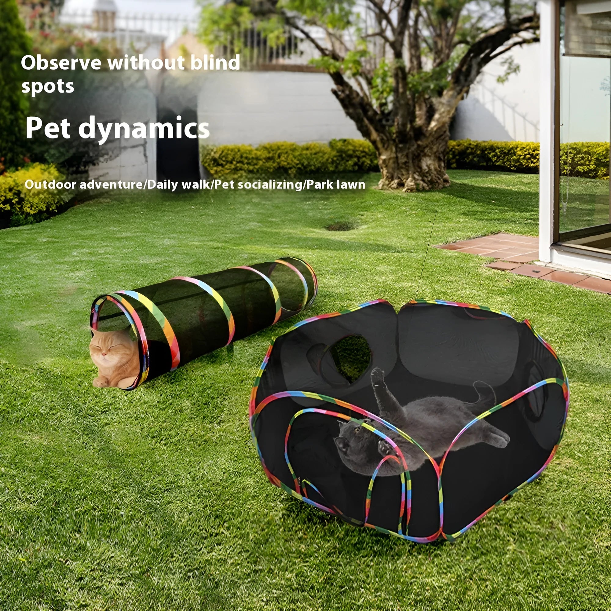 Foldable mesh cat roll cage pet toy shown in hexagonal, tee, tent, long straight and square model designs.