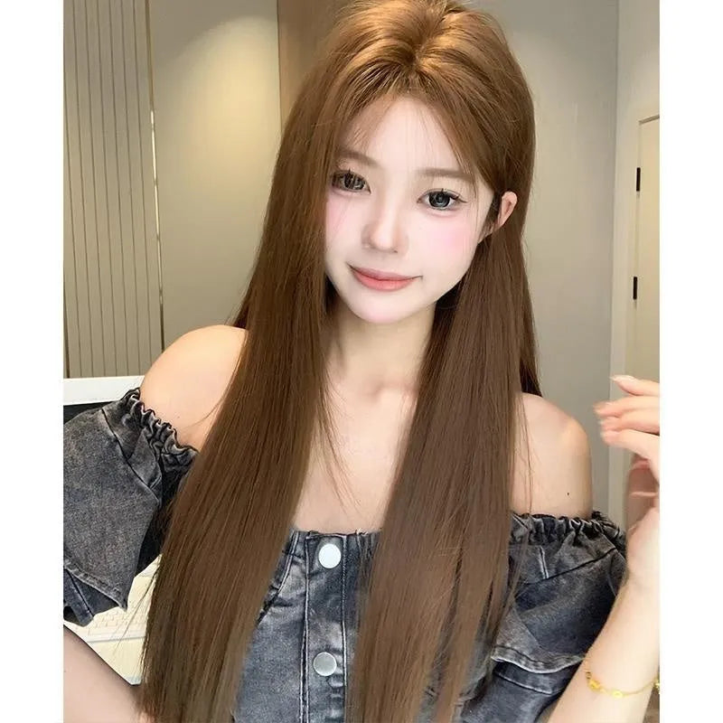 Warm brown synthetic lace front wig with centre part and long straight hair with side bangs