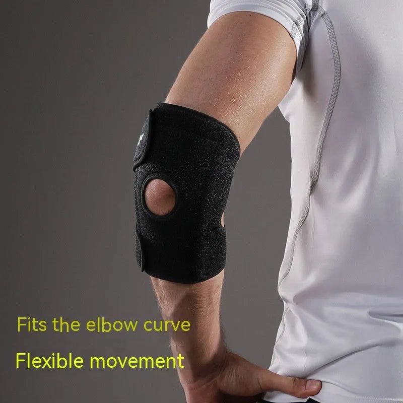 Black adjustable sports elbow guard shown on an arm for badminton, basketball, and outdoor training.