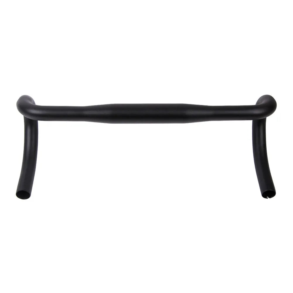 Black aluminium alloy road bike drop handlebar showing bend profile and UNO printing marks.