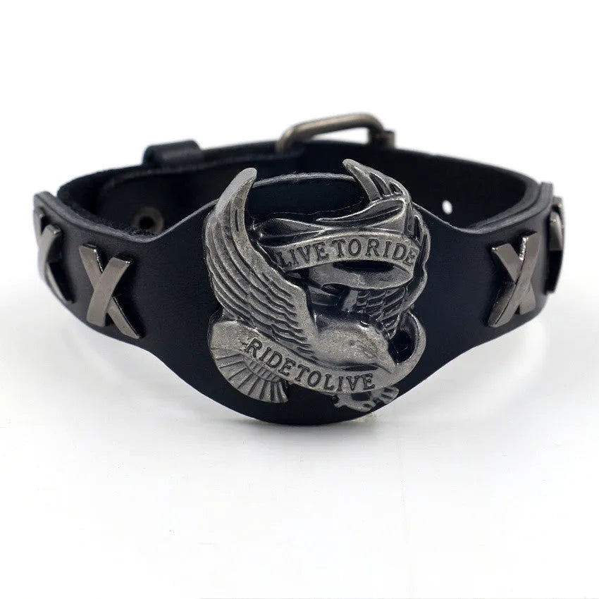 Black leather geometric bracelet with eagle watch button, showing tapered width.
