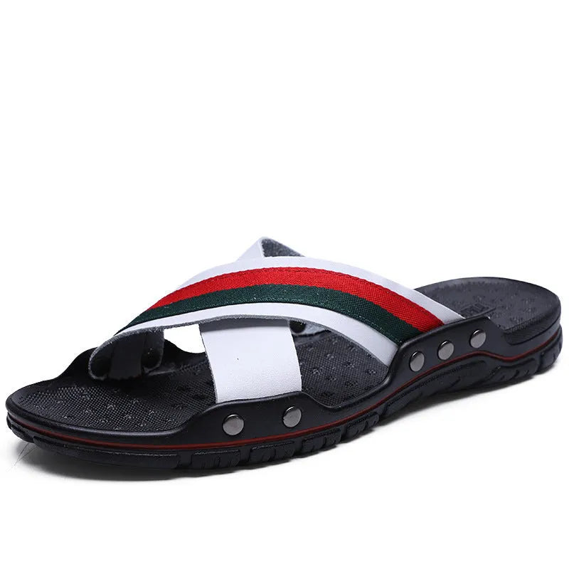 Men's white cowhide and PU non-slip flip-flops on a sandy beach background