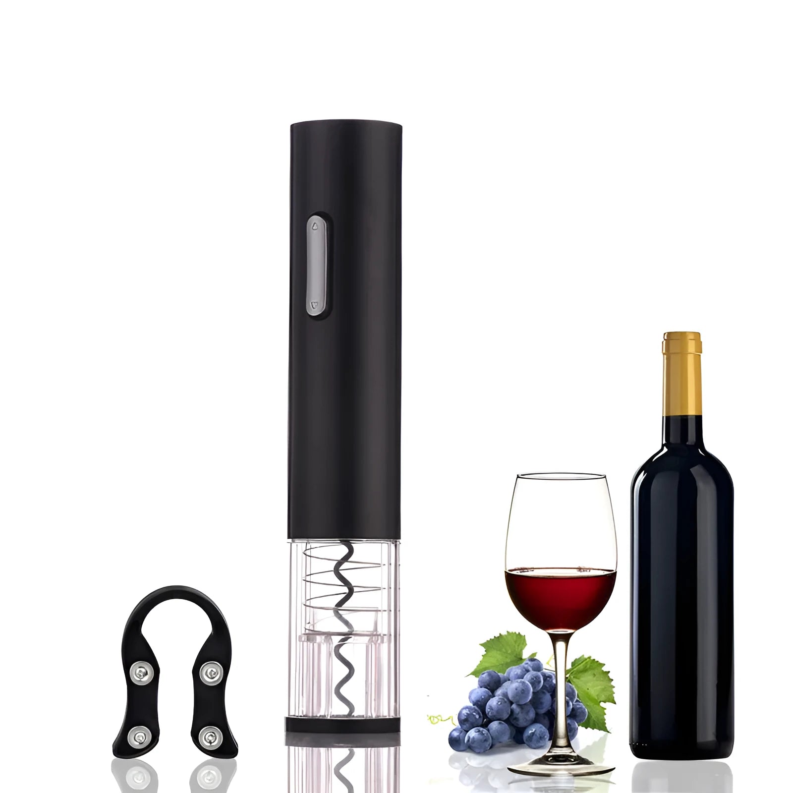 Black automatic electric wine bottle opener with foil cutter on a kitchen counter