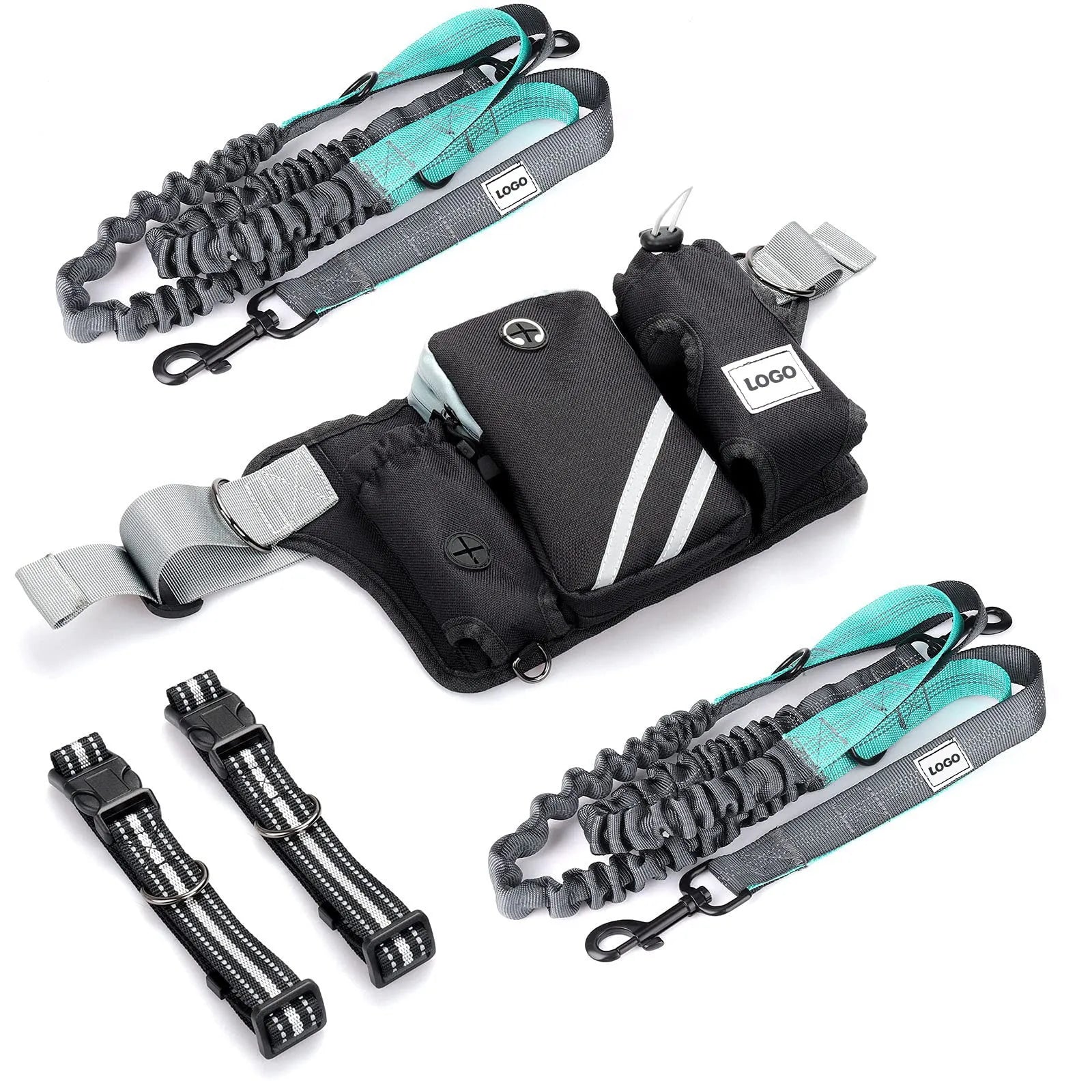 Black nylon outdoor pet training waist bag with attached dog leash and collar set