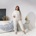 Women's milky white plush two-piece lounge set with crew neck top and long trousers