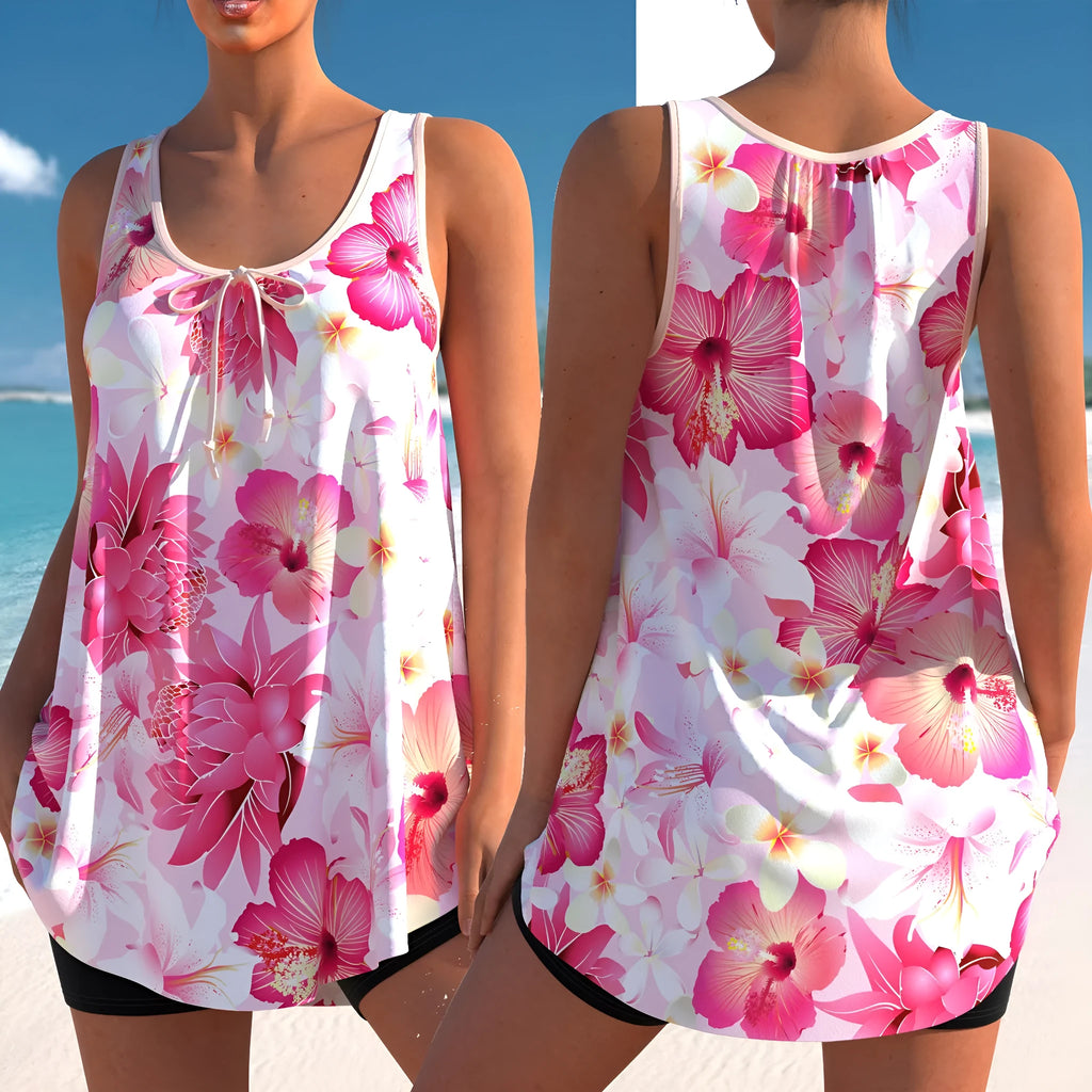 Pink printed tankini swimsuit for plus-size ladies with high-waist briefs.