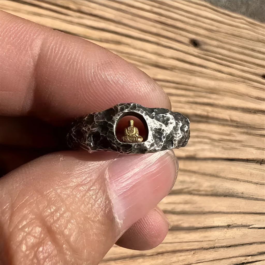 Copper Buddha ring with hand-forged grotto rock texture, size 8, retro unisex design