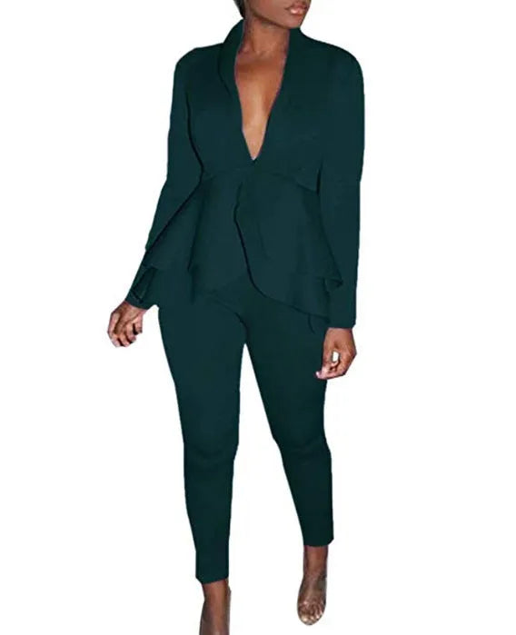 Women's business casual uniform set with ruffled top and pencil pants in eight colour options
