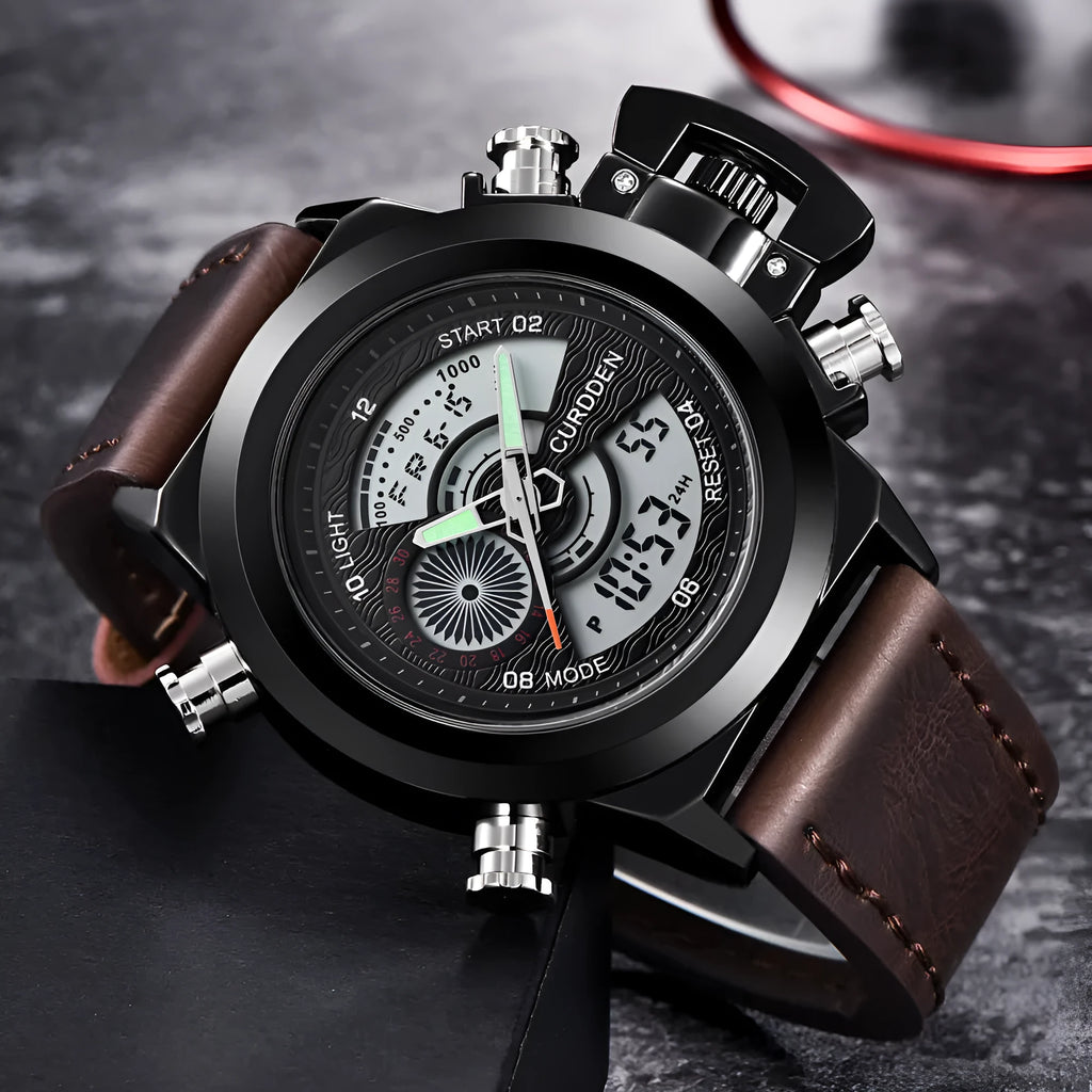 Men's fashion belt multi-functional double display sports watch with black leather strap