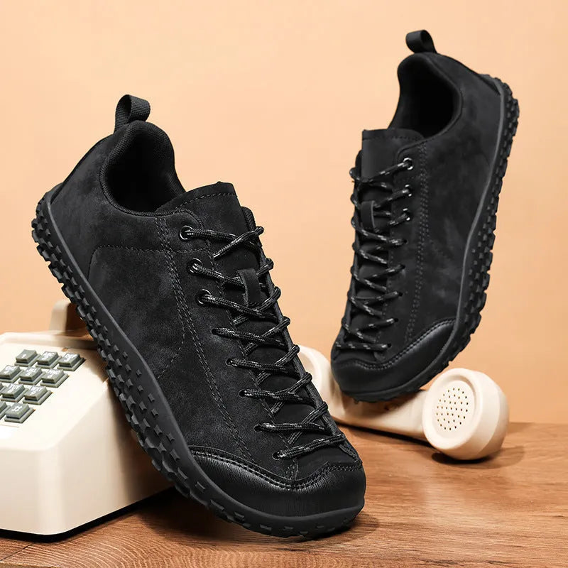 Large size wide toe training shoes with mesh upper and rubber sole, black colour, flat heel