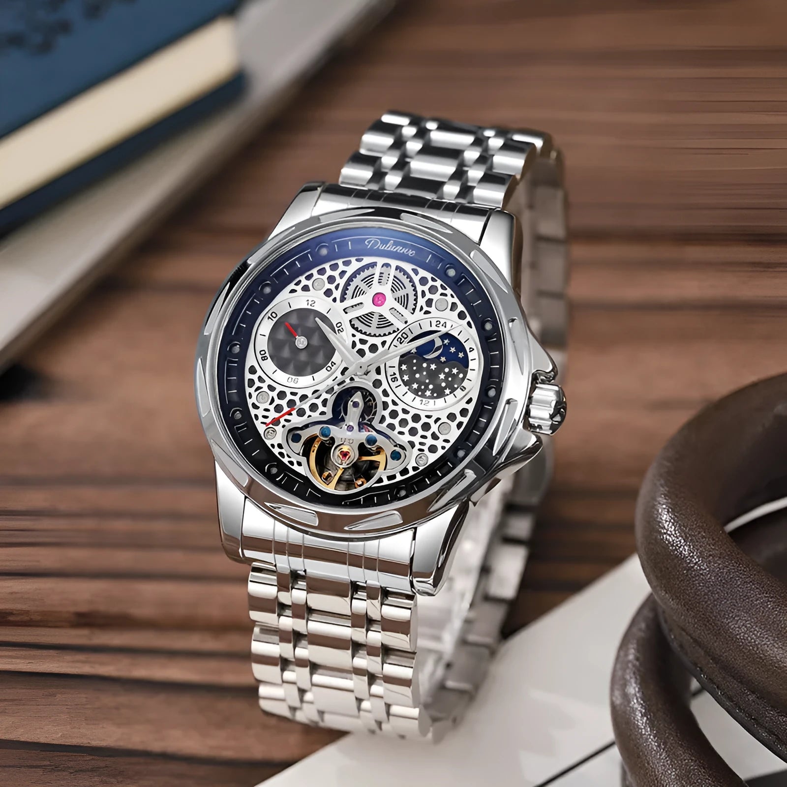 Men's waterproof automatic watch with luminous dial in business style, showing black and white case options with steel and leather straps