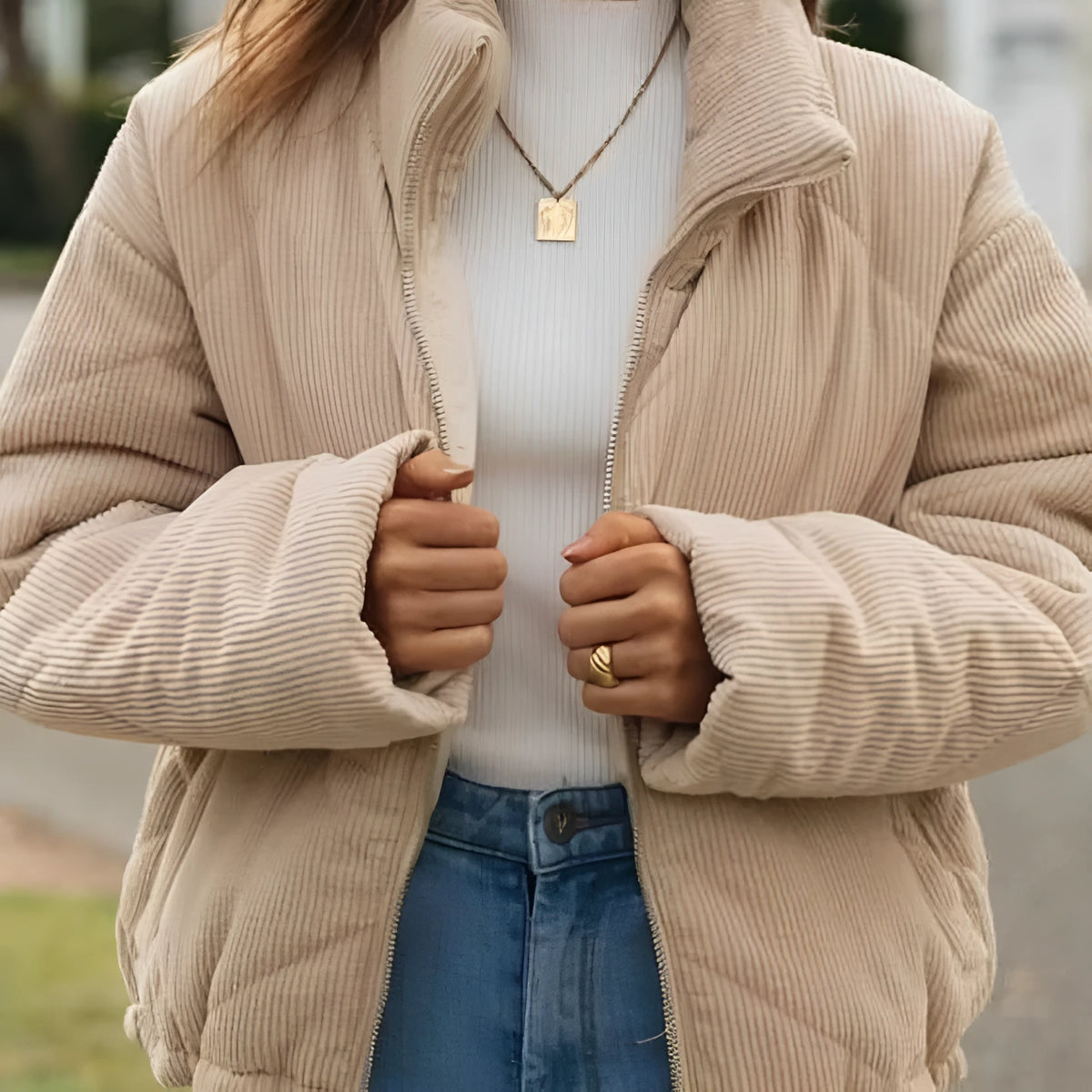Apricot women's corduroy wadded jacket with stand collar and zip front closure