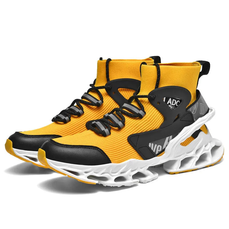 Ultra-light shock-absorbing running blade flyknit sneakers for men, black mid-top lace-up sports shoes with TPU TPR sole