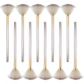 Set of 10 champagne-coloured wooden handle fan brushes with soft fibres and protective covers.