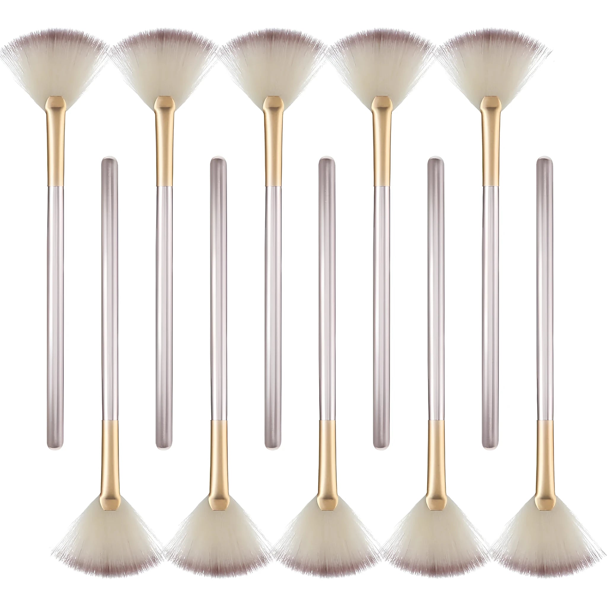 Set of 10 champagne-coloured wooden handle fan brushes with soft fibres and protective covers.