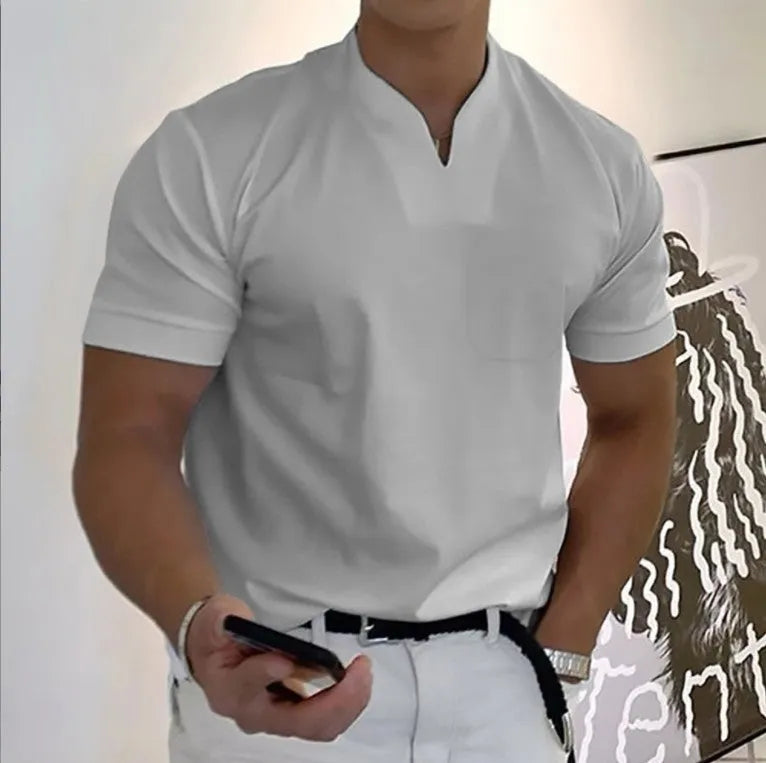 Men's plus size summer short sleeve shirt in khaki with front pocket stand collar loose fit