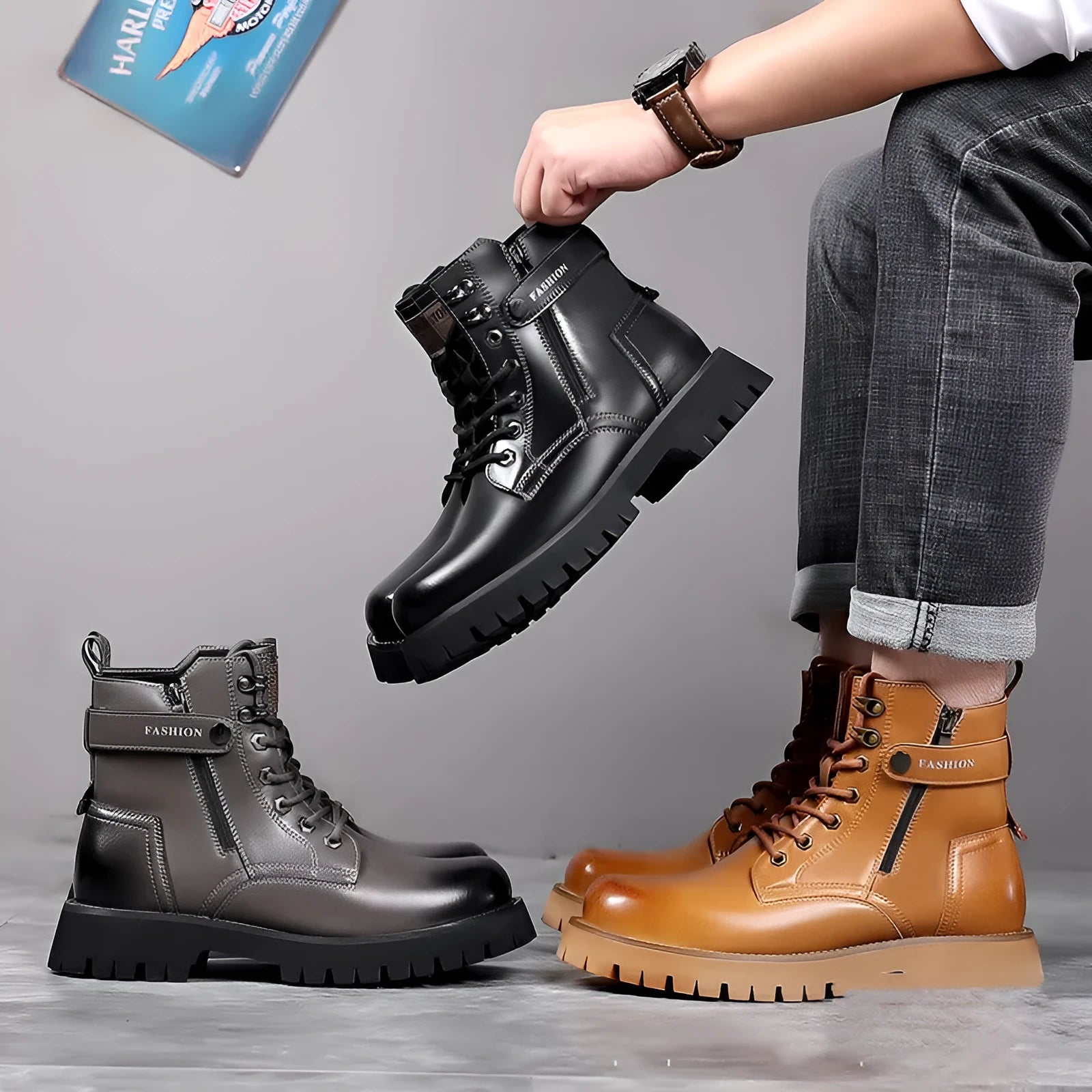 Men's thick-soled high-top Martin boots with side zipper and round toe