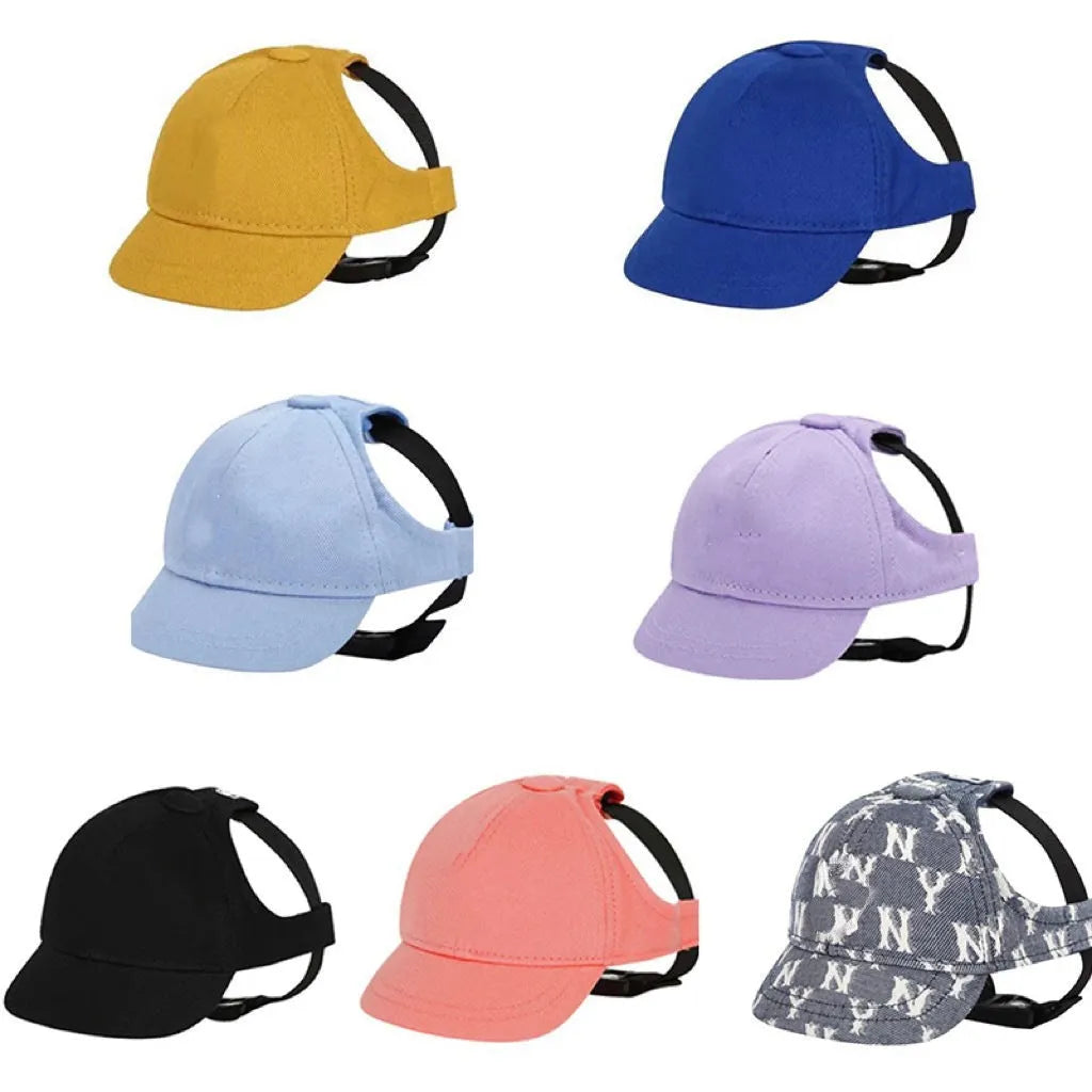 New Adjustable Sun-proof Exposed Ears Pet Hat in apricot cotton baseball cap style on a pet