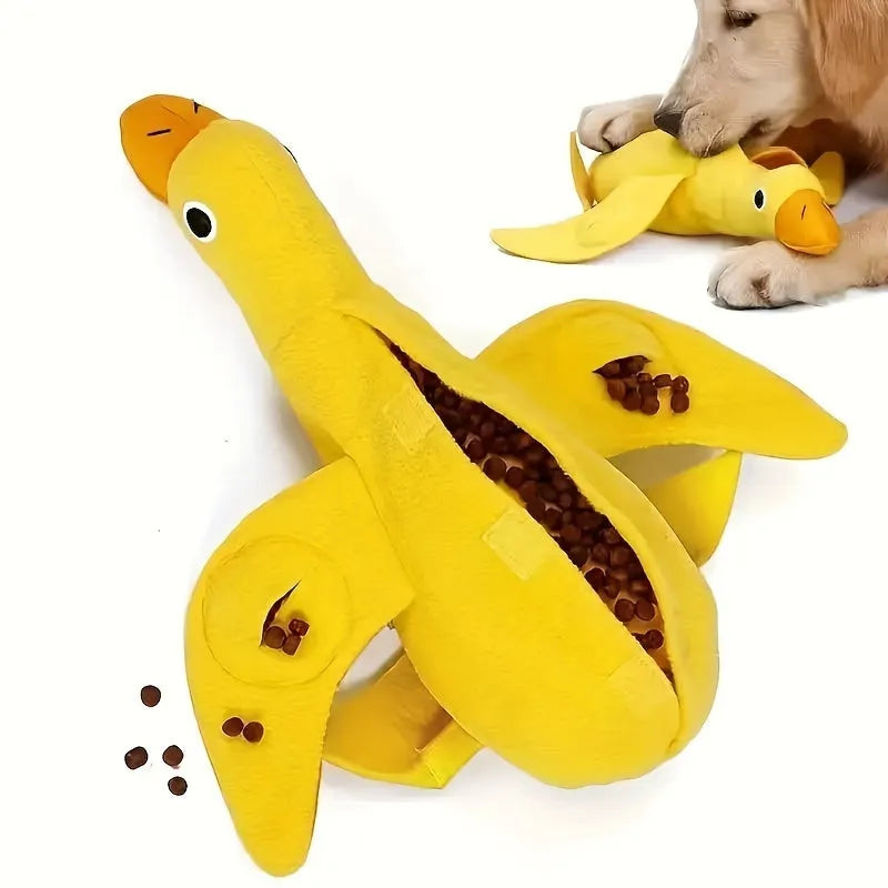 Yellow plush teddy dog toy with squeaker duck sound and treat holes