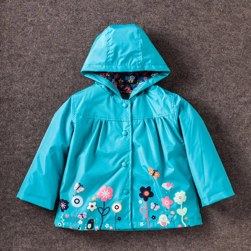 Girls' cute flowers windproof and rainproof shell jacket in red with hood, long sleeves, cotton fabric, spring style