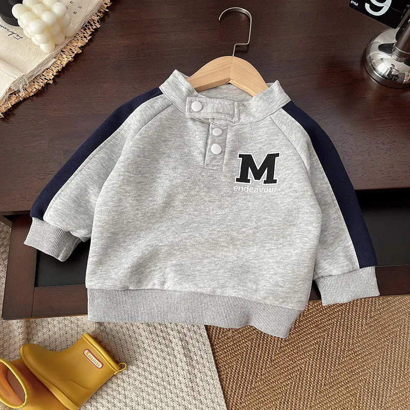 Boys' grey colour matching letters sweater suit set with long sleeve top and trousers on child