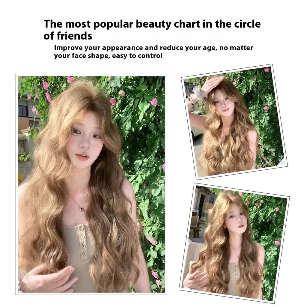 Linen brown long curly lace front wig with mechanism construction and high temperature fibre synthetic hair