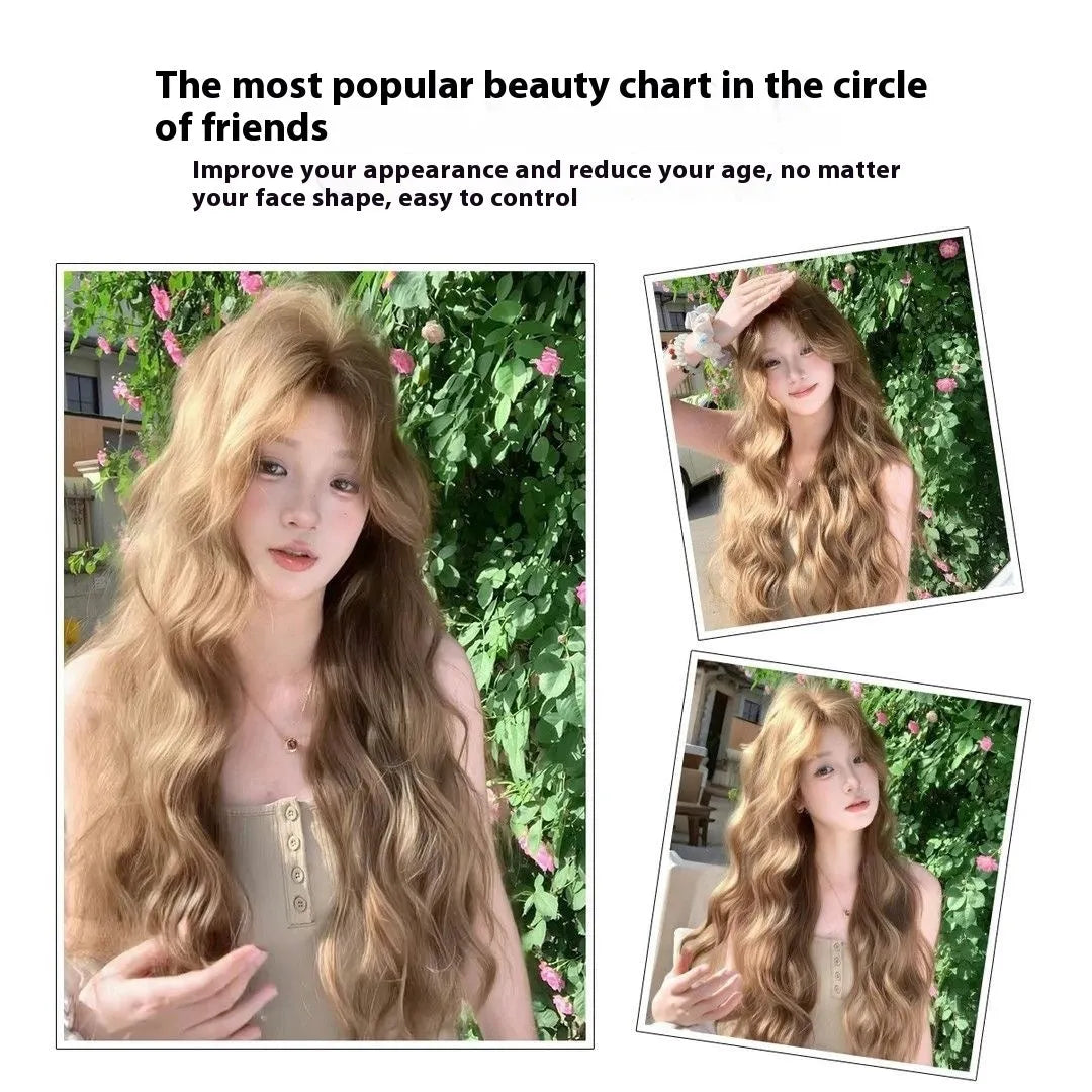 Linen brown long curly lace front wig with mechanism construction and high temperature fibre synthetic hair