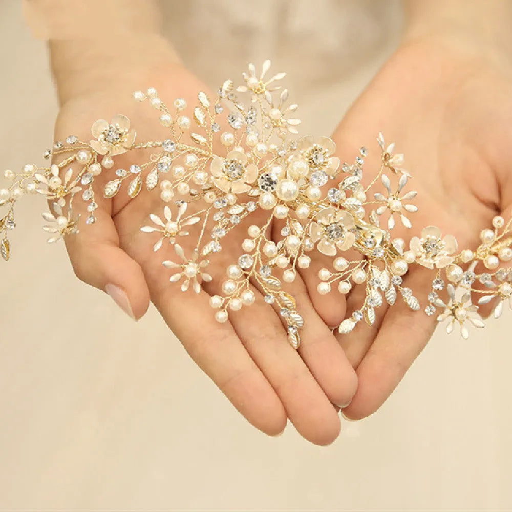 Light gold handmade bridal headdress side clip, 19x10cm, with pearl, iron flower and rhinestone detail