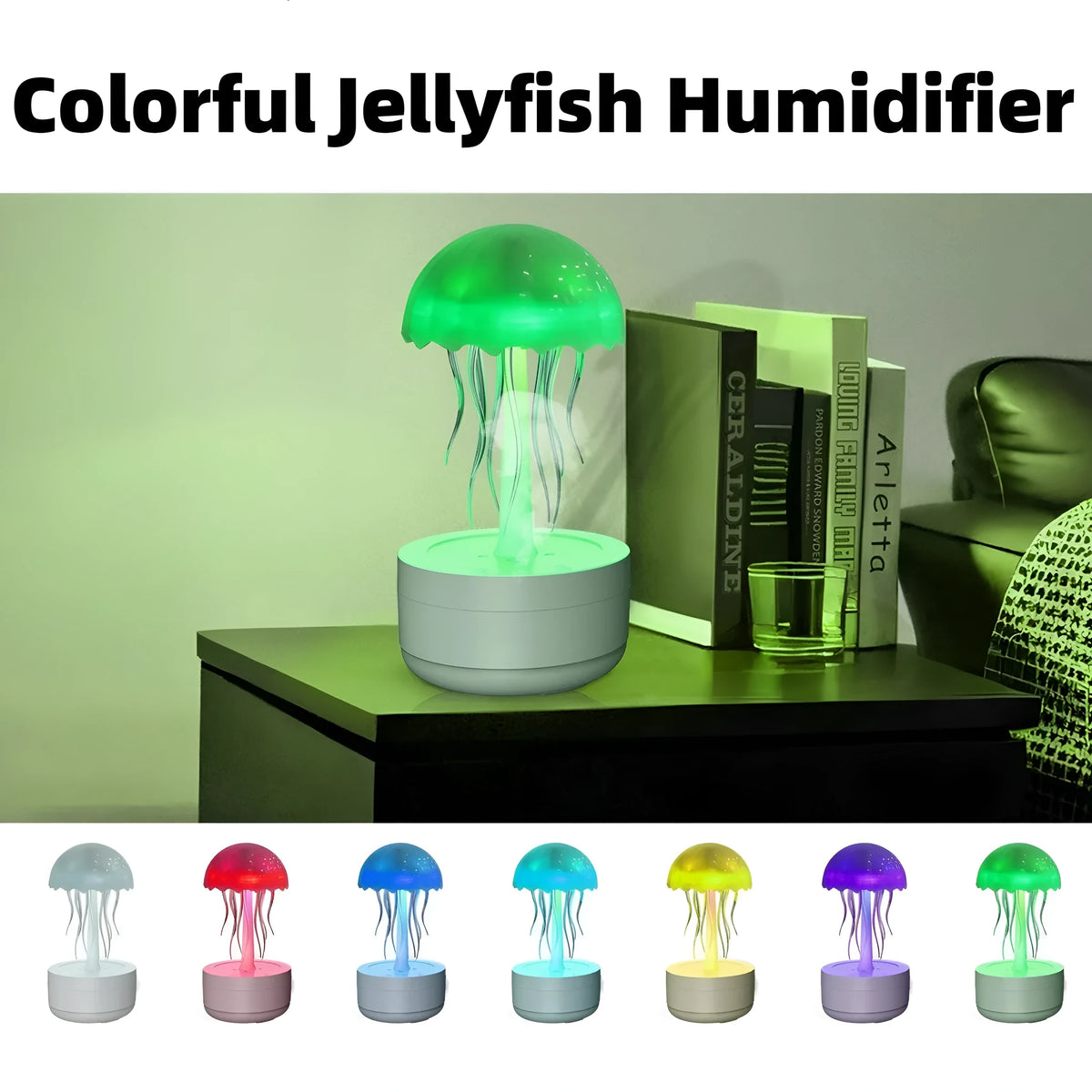 White jellyfish-shaped humidifier and essential oil diffuser with colourful night light on a desk.