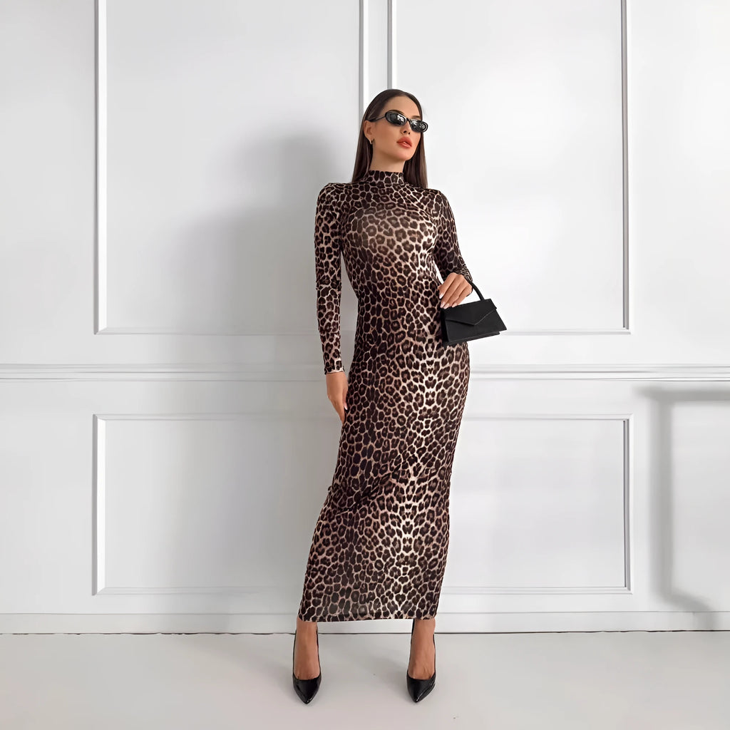 Leopard print women's long dress with stand collar and long sleeves