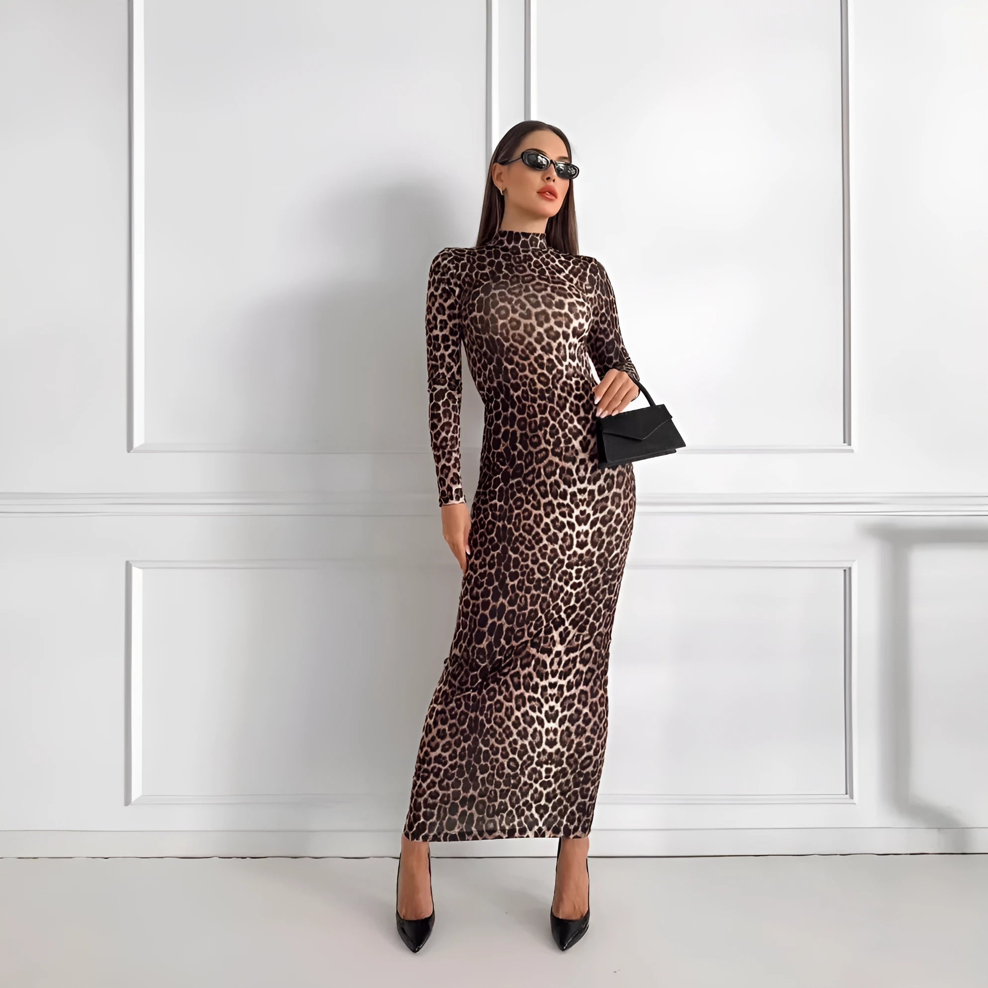 Leopard print women's long dress with stand collar and long sleeves
