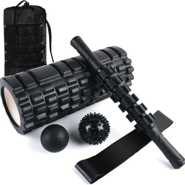 Black foam roller massage stick with gear bar design, 33cm long with six pieces