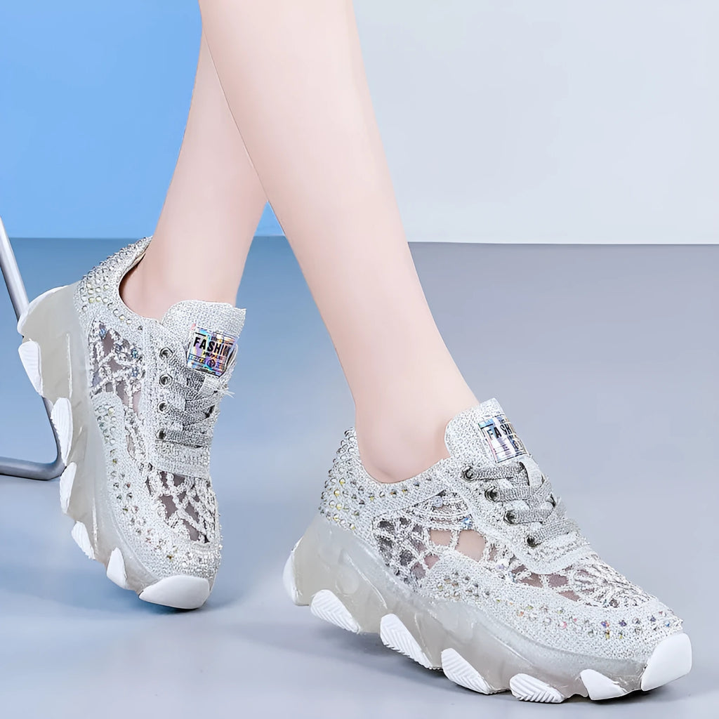Women's mesh height increasing wedge heel sneakers green white high top breathable casual basketball trainers