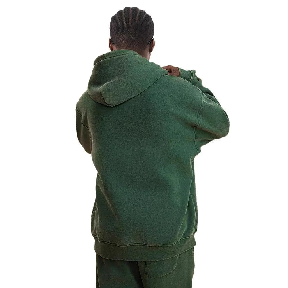 Men's vintage fleece-lined hooded cardigan with a double zipper front in a washed colour.