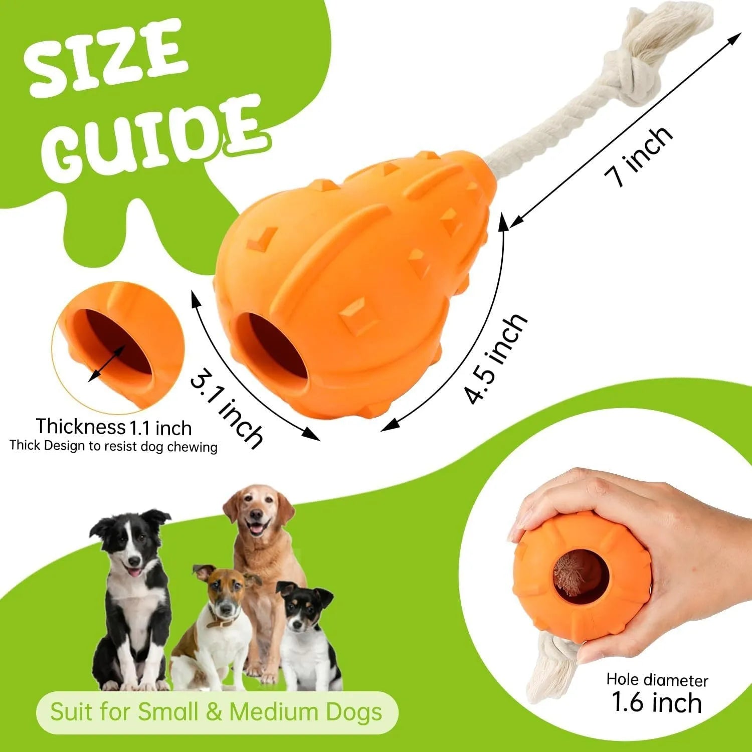 Natural rubber stuffable dog chew toy with a long strap for fetching and treat dispensing