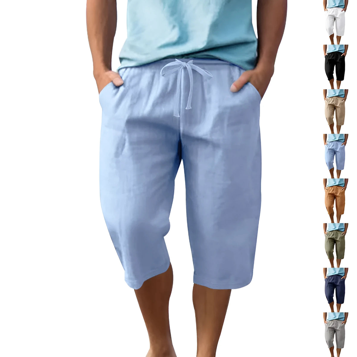 Men's loose linen cropped casual shorts with high drawstring waist in solid colours, sizes S to XXXL