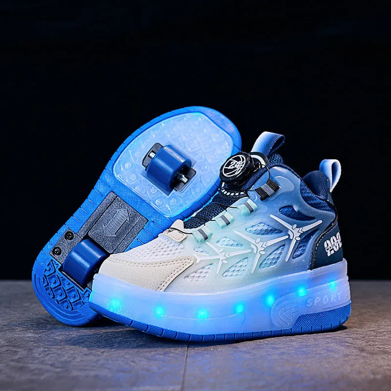 Blue children's knob roller skating shoes with striped pattern and rotating button closure.