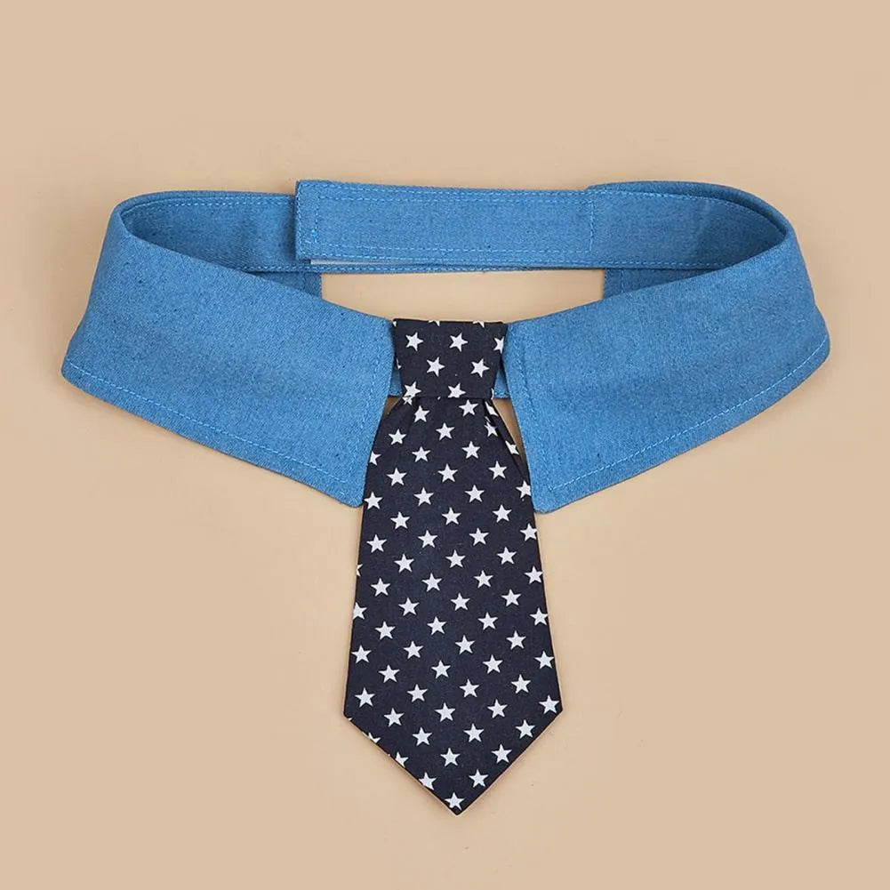 Denim dog collar with star pattern in bow and tie styles showing adjustable fastener tape