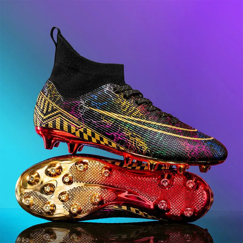 High-top football training shoes with PVC sole in white, black and mandarin duck colours