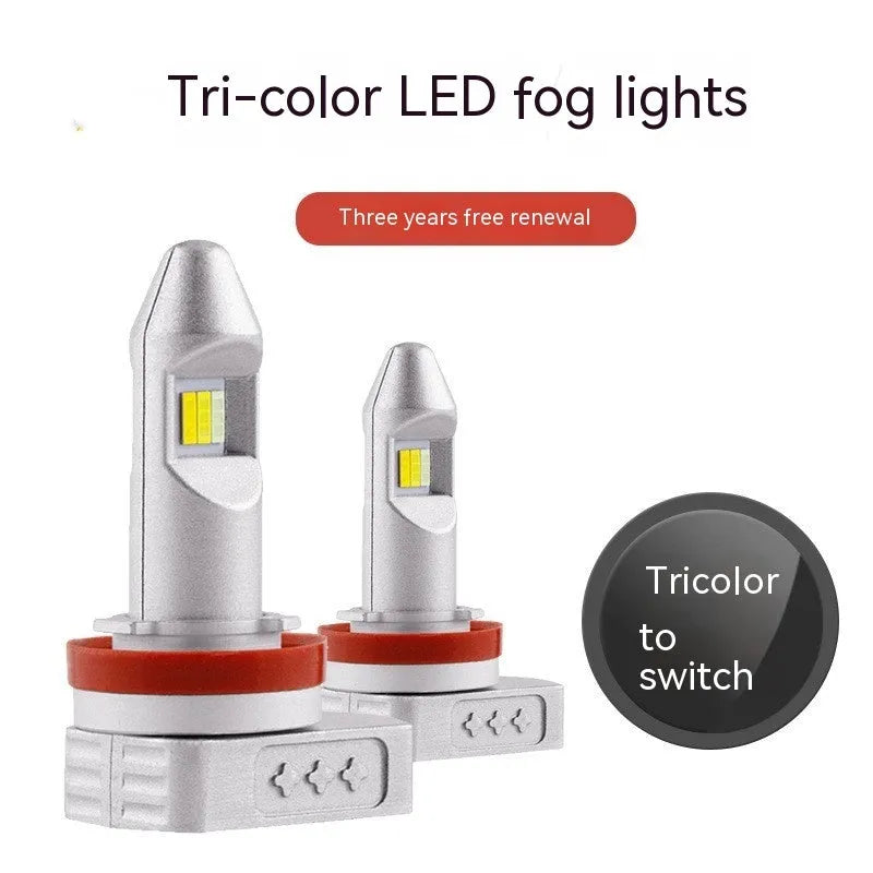 Super Stable LED car fog lamp bulb with aluminium housing and multiple connector types on white background.